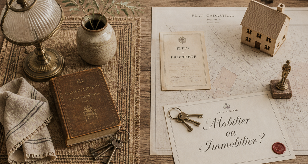 Bien mobilier ou immobilier sur table en bois, objets et miniatures
