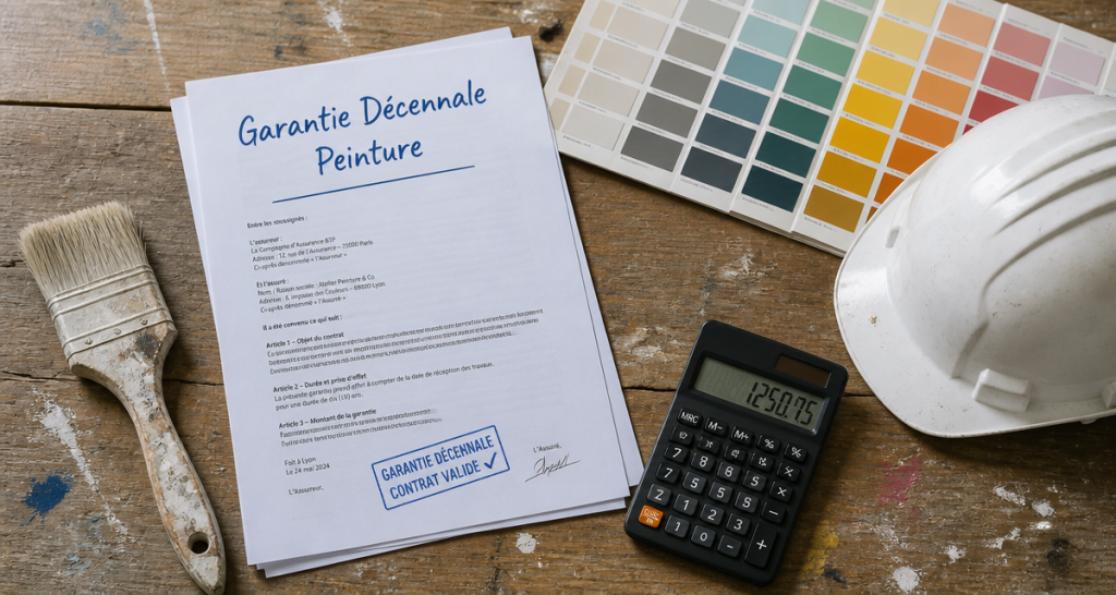 Contrat décennale peinture, outils et nuancier sur bureau