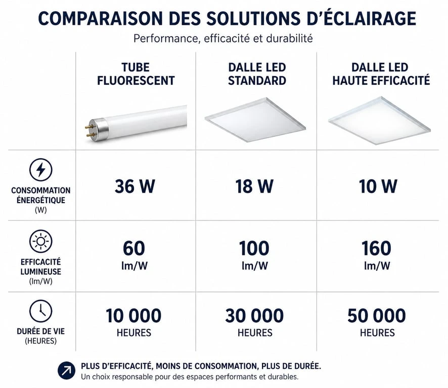 Comparatif des performances énergétiques entre tube fluorescent et dalles LED pour faux plafond