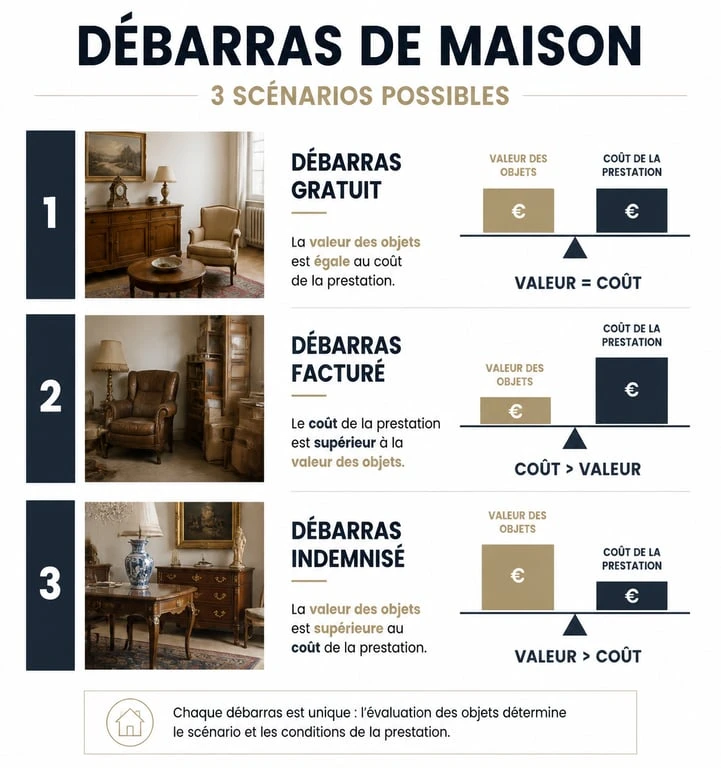Infographie comparative des trois types de prestations de débarras de maison : gratuit, facturé et indemnisé.
