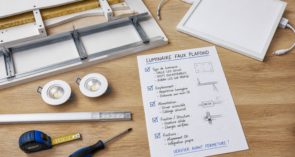 Luminaire faux plafond et checklist technique sur plan de travail