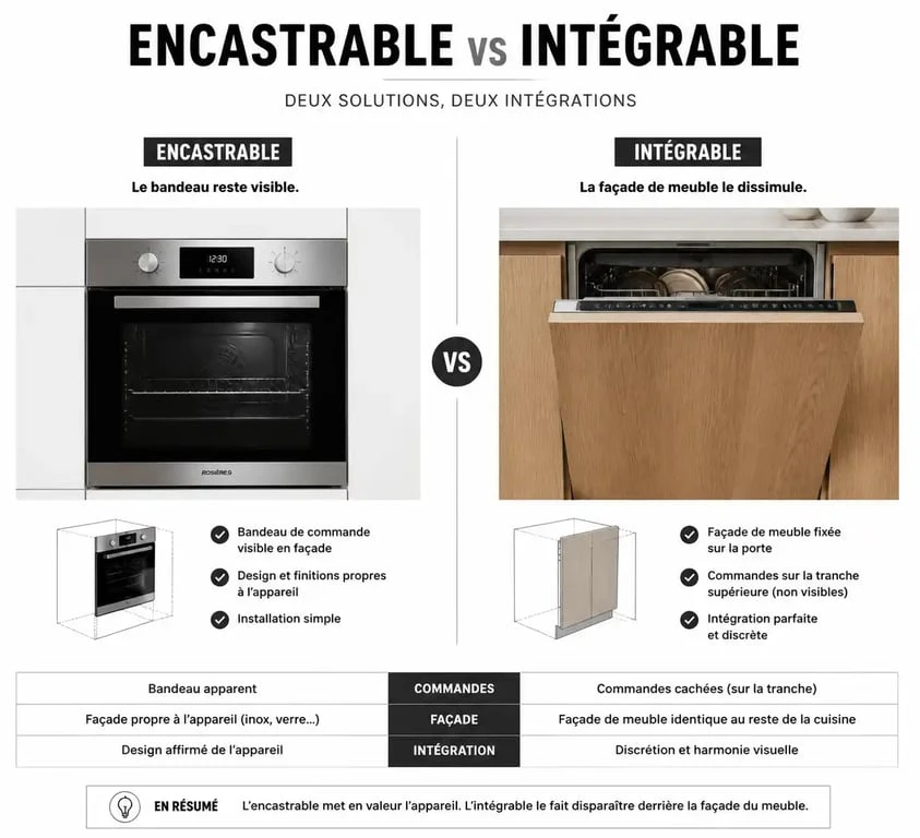 Infographie comparative : différence entre électroménager encastrable et intégrable pour cuisine