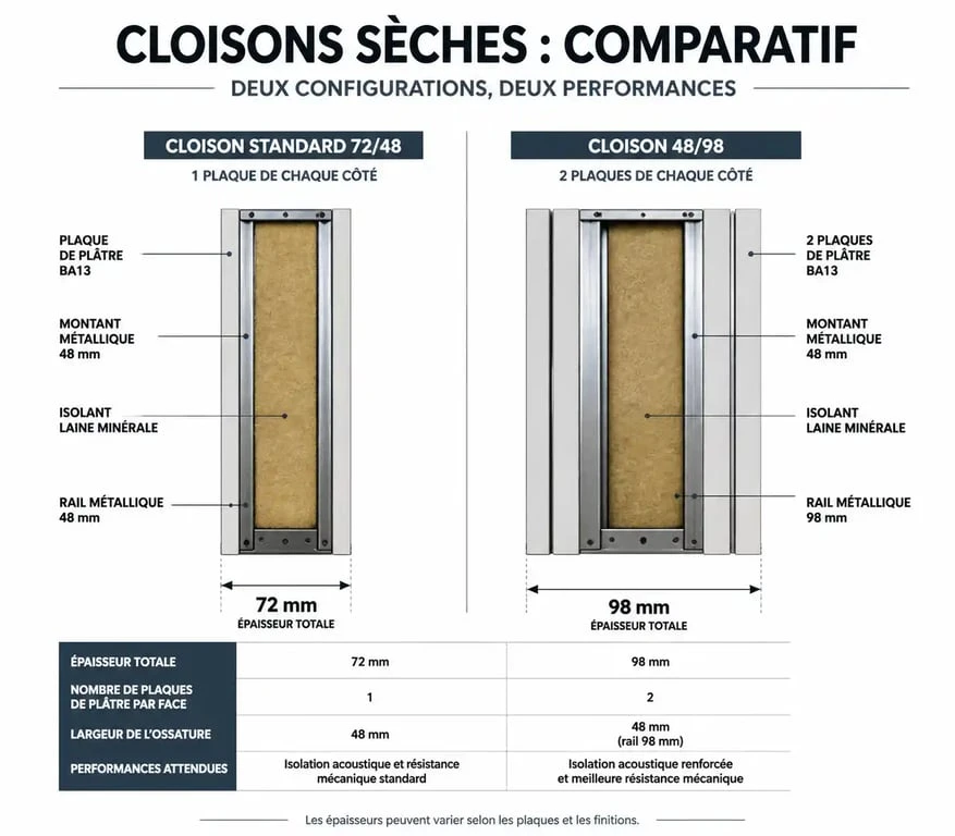 Comparatif technique entre cloison 72/48 et cloison 48/98 pour l'isolation acoustique