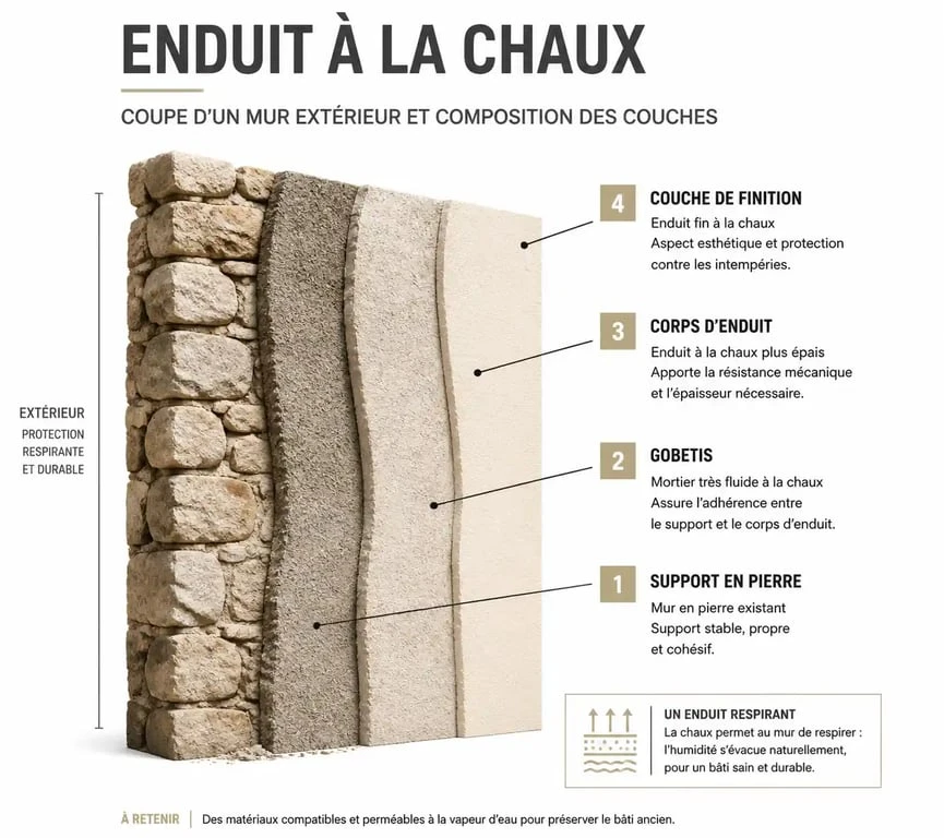 Schéma des couches d'un enduit pour mur à la chaux extérieur