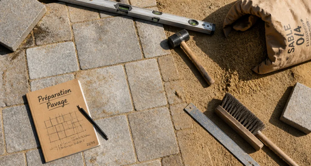 Pose pavage outils sur sable et pavés