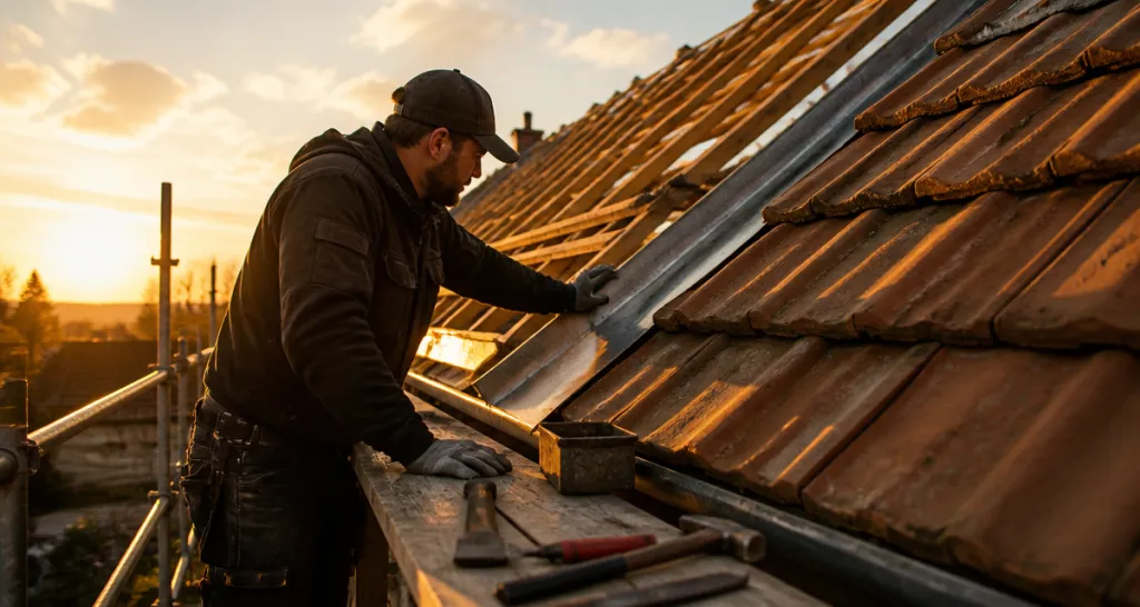 Top toiture artisan sur toit tuiles coucher du soleil