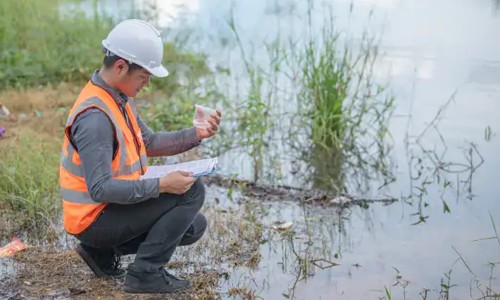 A man performing tests on water in wetlands.