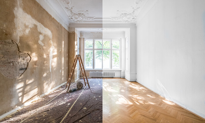 An empty room before and after refurbishment or restoration.