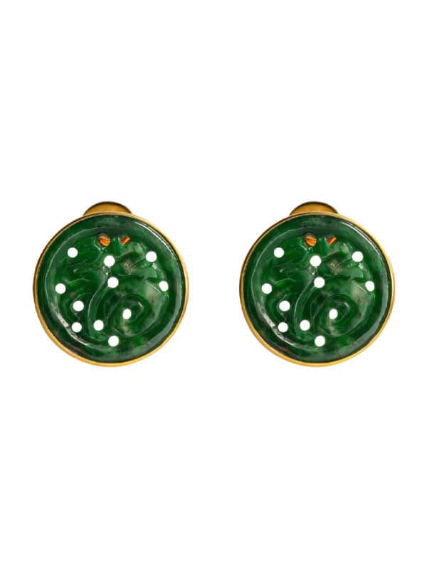 TOMEI Engraved Fu-Zi Jade Earrings, Yellow Gold 750
