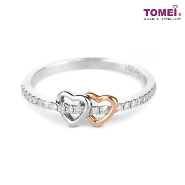 TOMEI Intertwined Hearts Diamond Ring, White Gold & Rose Gold 585
