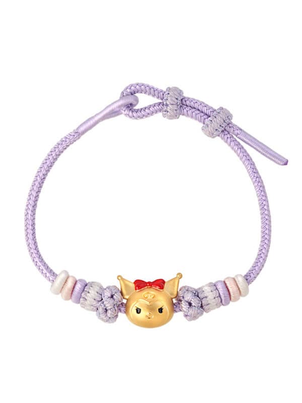 TOMEI X Sanrio Kuromi Charm with Purple Rope Bracelet, Yellow Gold 999 (5D)