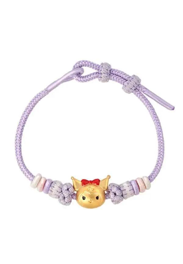 TOMEI X Sanrio Kuromi Charm with Purple Rope Bracelet, Yellow Gold 999 (5D)