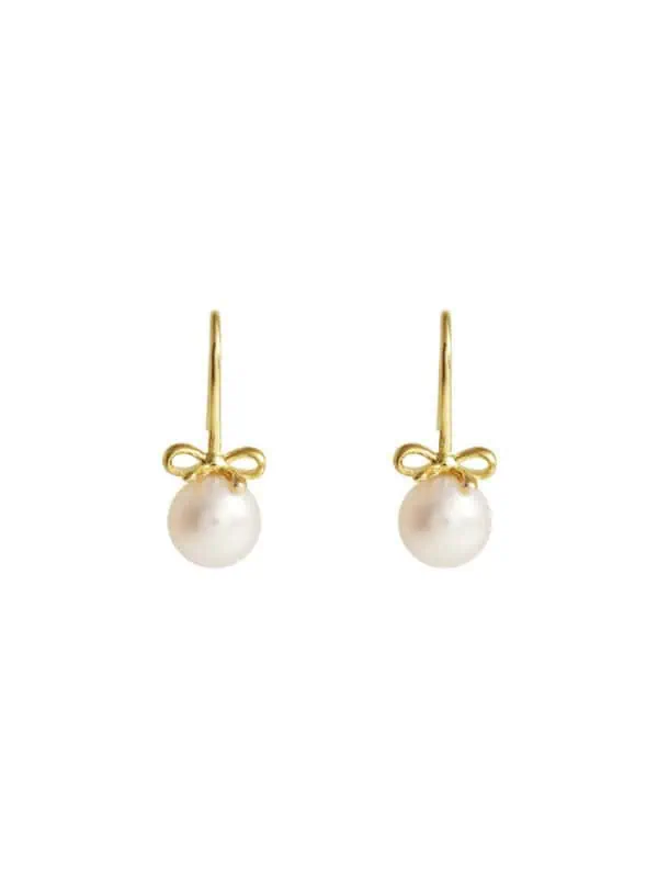 TOMEI Lovely Bow Tie Pearl Earrings, Yellow Gold 585