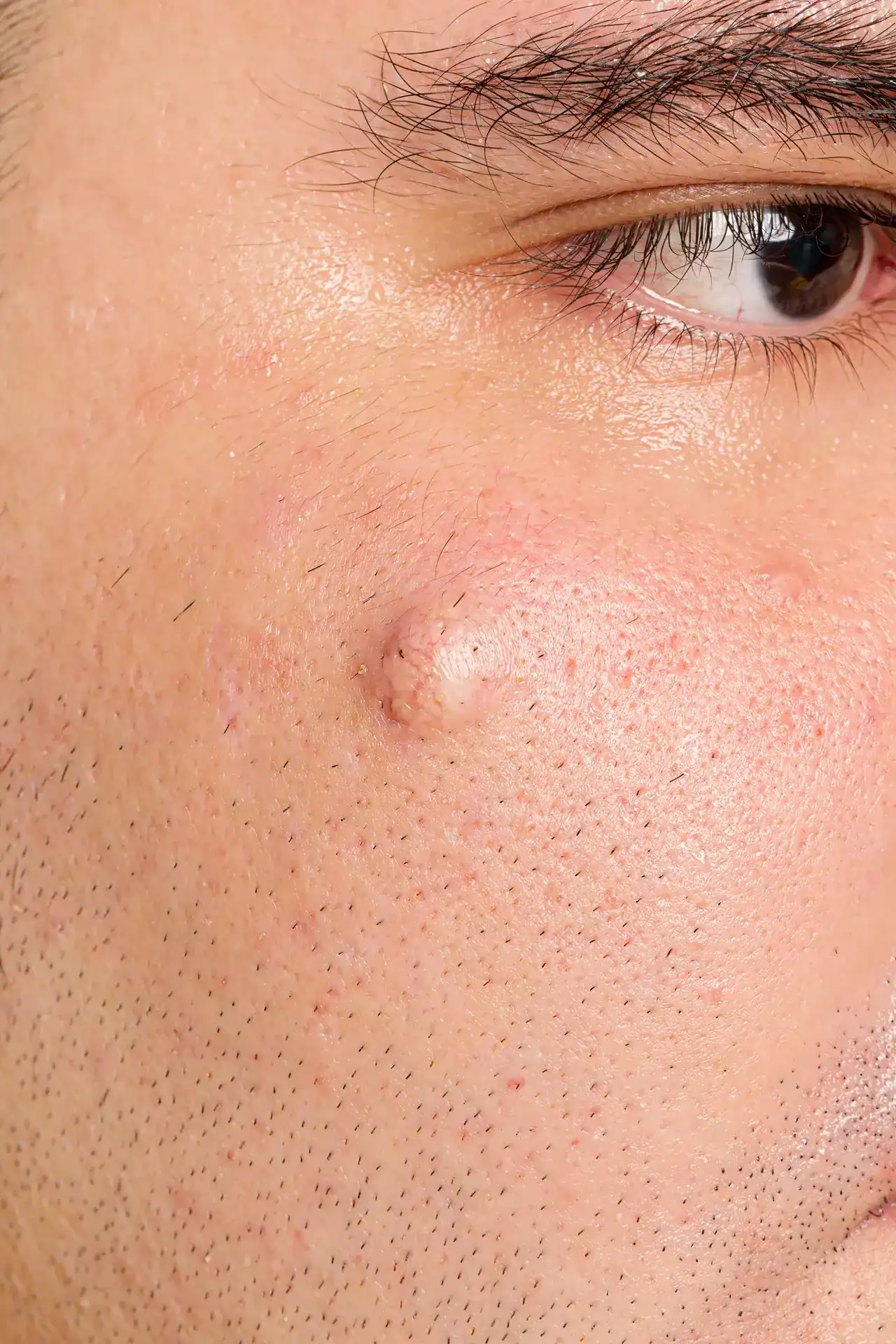 Close-up of a person's cheek showing skin scar before surgical treatment.