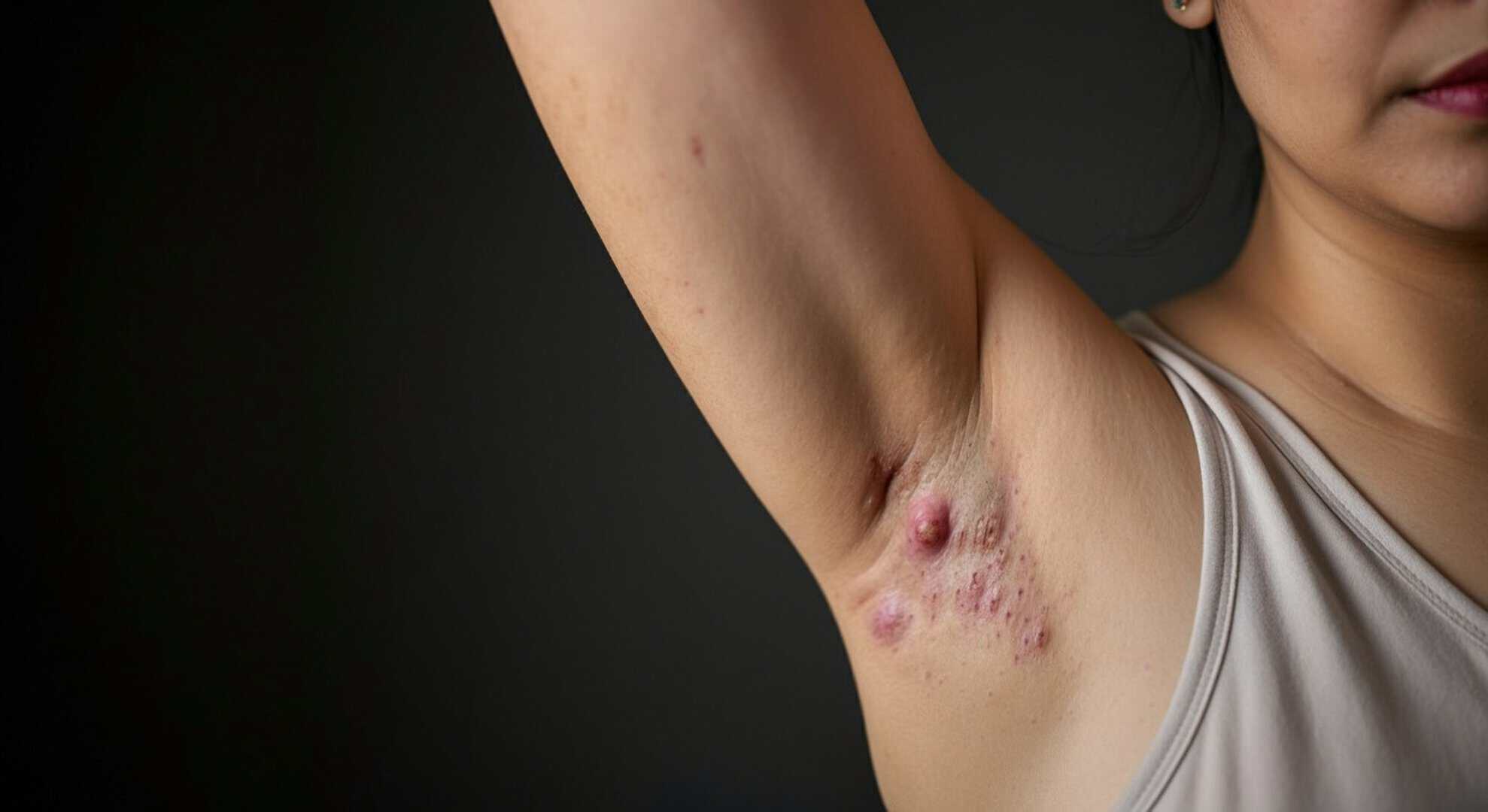 Close-up of underarm with skin blemishes and acne scars.