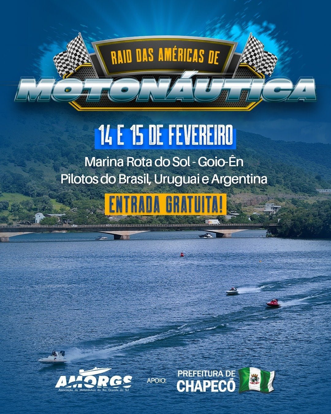 Raide das Américas de Motonáutica em Chapecó com pilotos do Brasil, Uruguai e Argentina, nos dias 14.