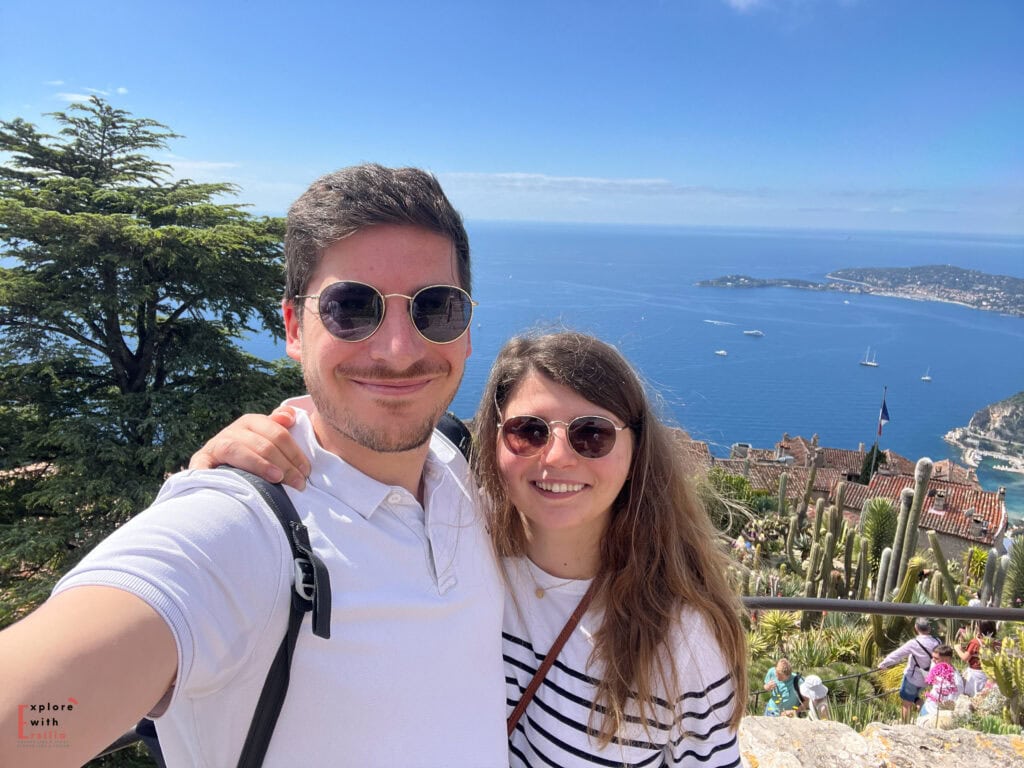 Selfie us us wearing sunglasses in the Gardens of Eze