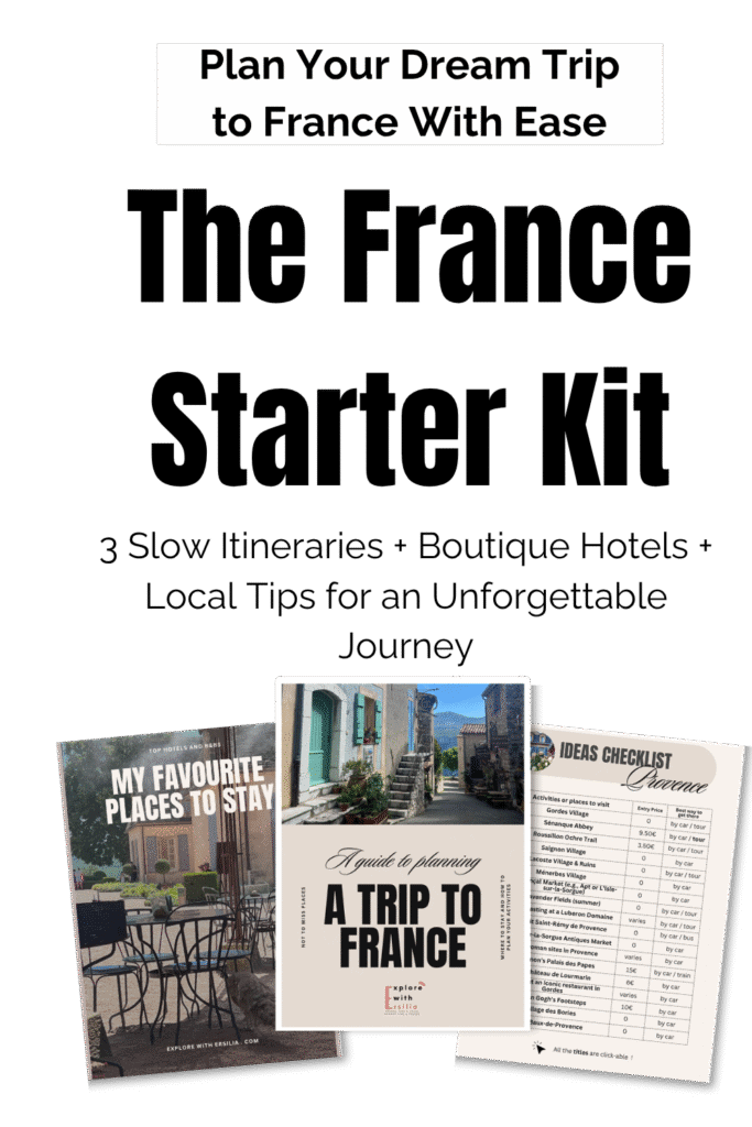Free France Starter Kit travel guide cover with sample pages showing boutique hotel recommendations, regional itineraries, and an ideas checklist for Provence, Loire Valley, and Dordogne by Explore with Ersilia.