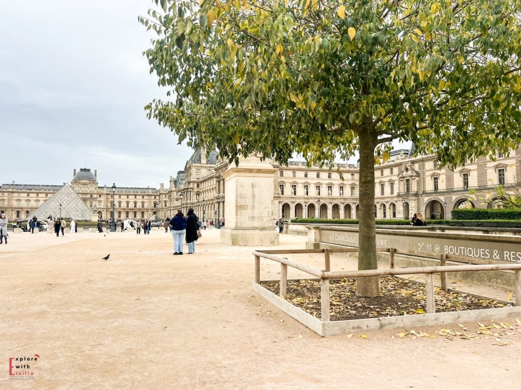 Wide view of the Louvre courtyard from the Tuileries Gardens, with the iconic glass pyramid in the distance and a tree in the foreground. To the right, a low stone wall marks the discreet entrance to the Carrousel du Louvre, blending into the landscape near the shops and restaurant signs.