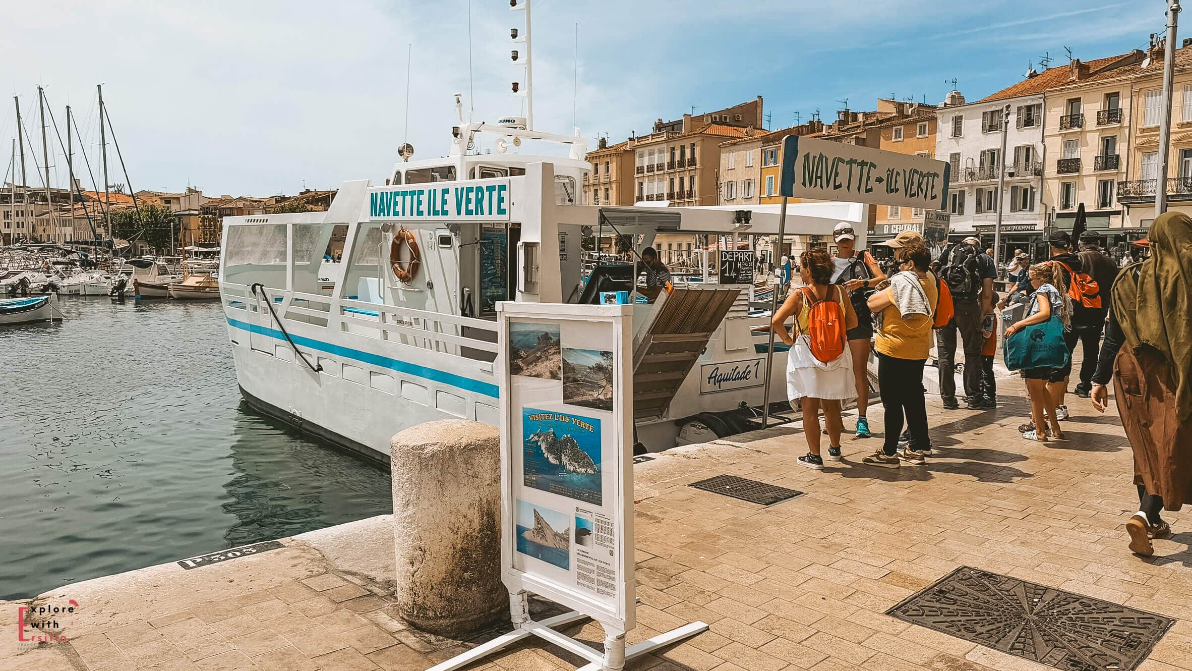 Tour boat docked at the La Ciotat waterfront ready to take visitors to nearby islands and coastal attractions.