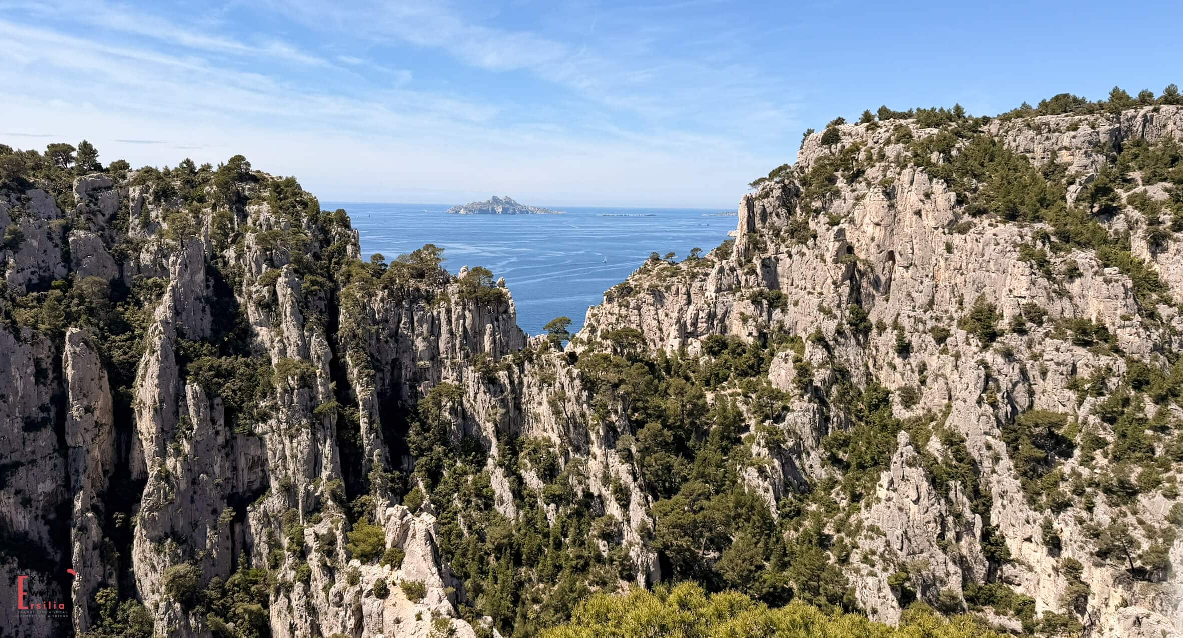 Limestone cliffs and rugged landscapes inside Calanques National Park near Cassis. Exploring the Calanques is one of the top things to do in Cassis.