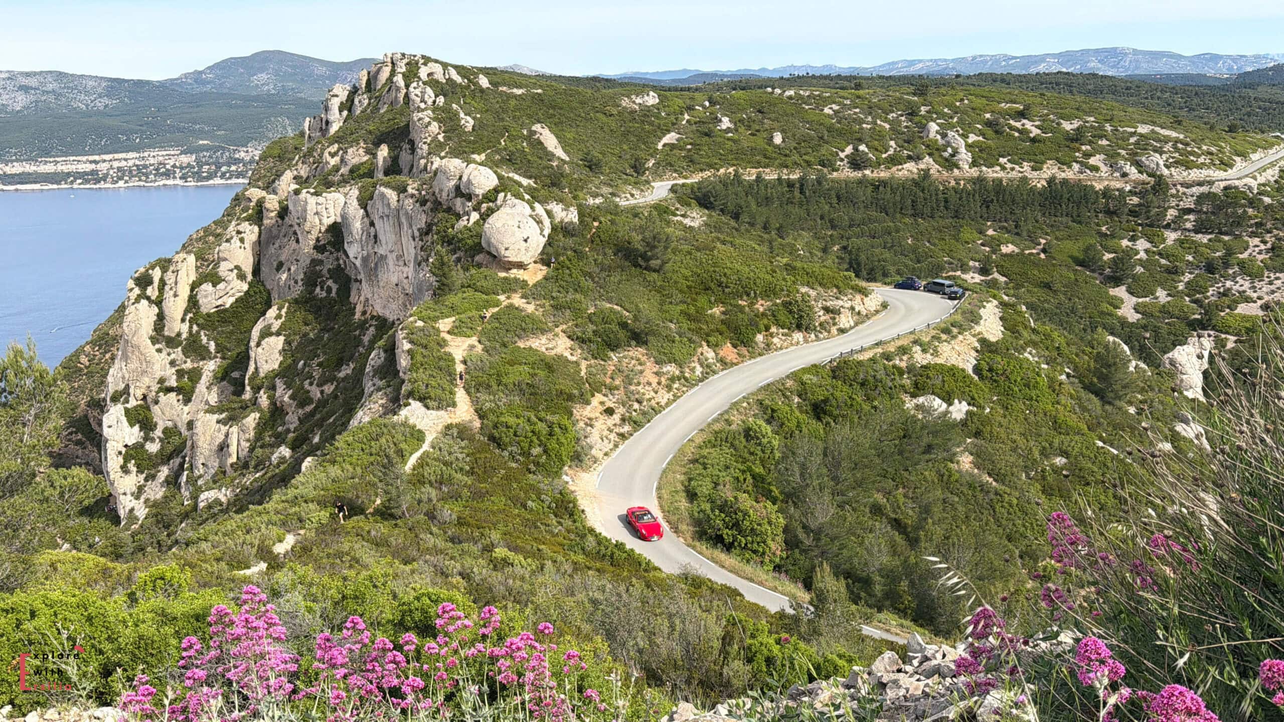 Route des Crêtes winding along dramatic coastal cliffs above the Mediterranean between Cassis and La Ciotat. Driving this scenic road is one of the best things to do in Cassis.