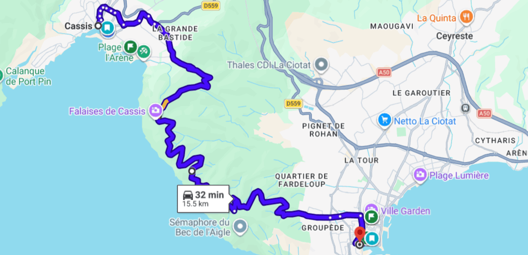 la route de cretes map from cassis to la ciotat