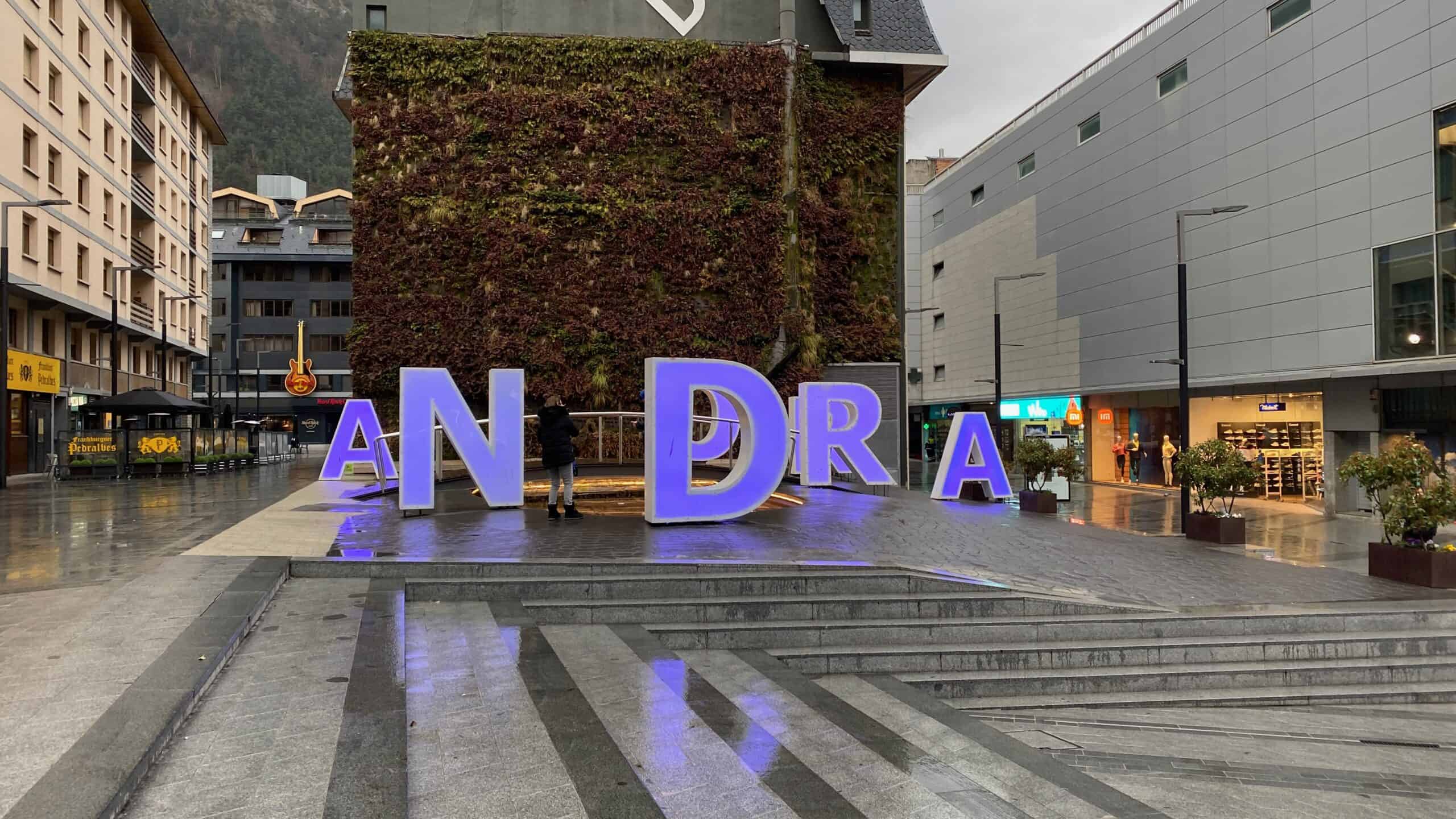 The official Andorra city sign for visitors