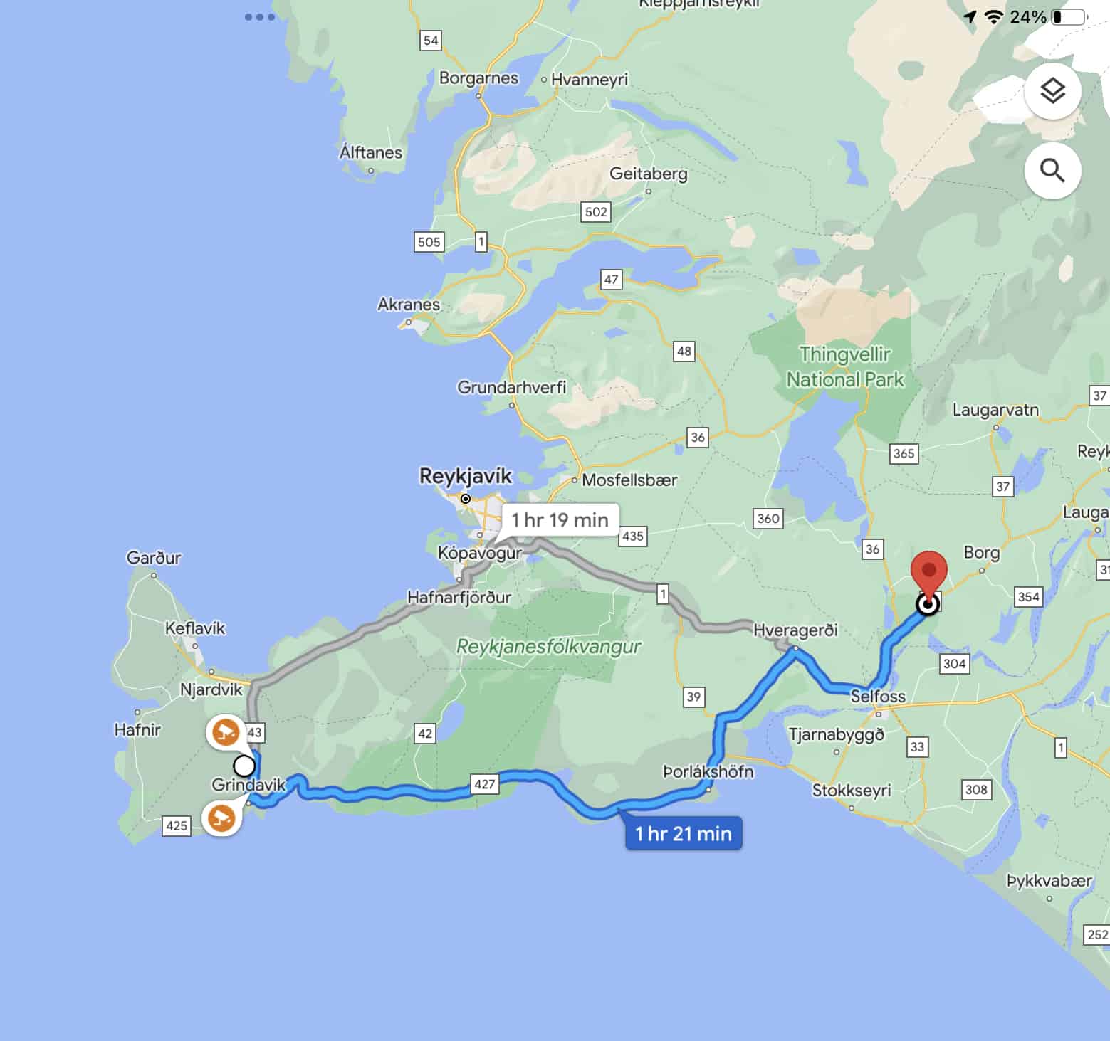Map from Kerid Crater to the Blue Lagoon
