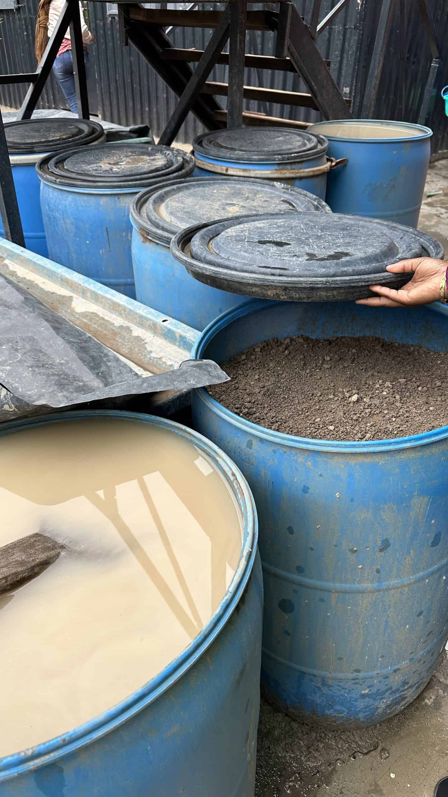 Clay in large barrels to soak