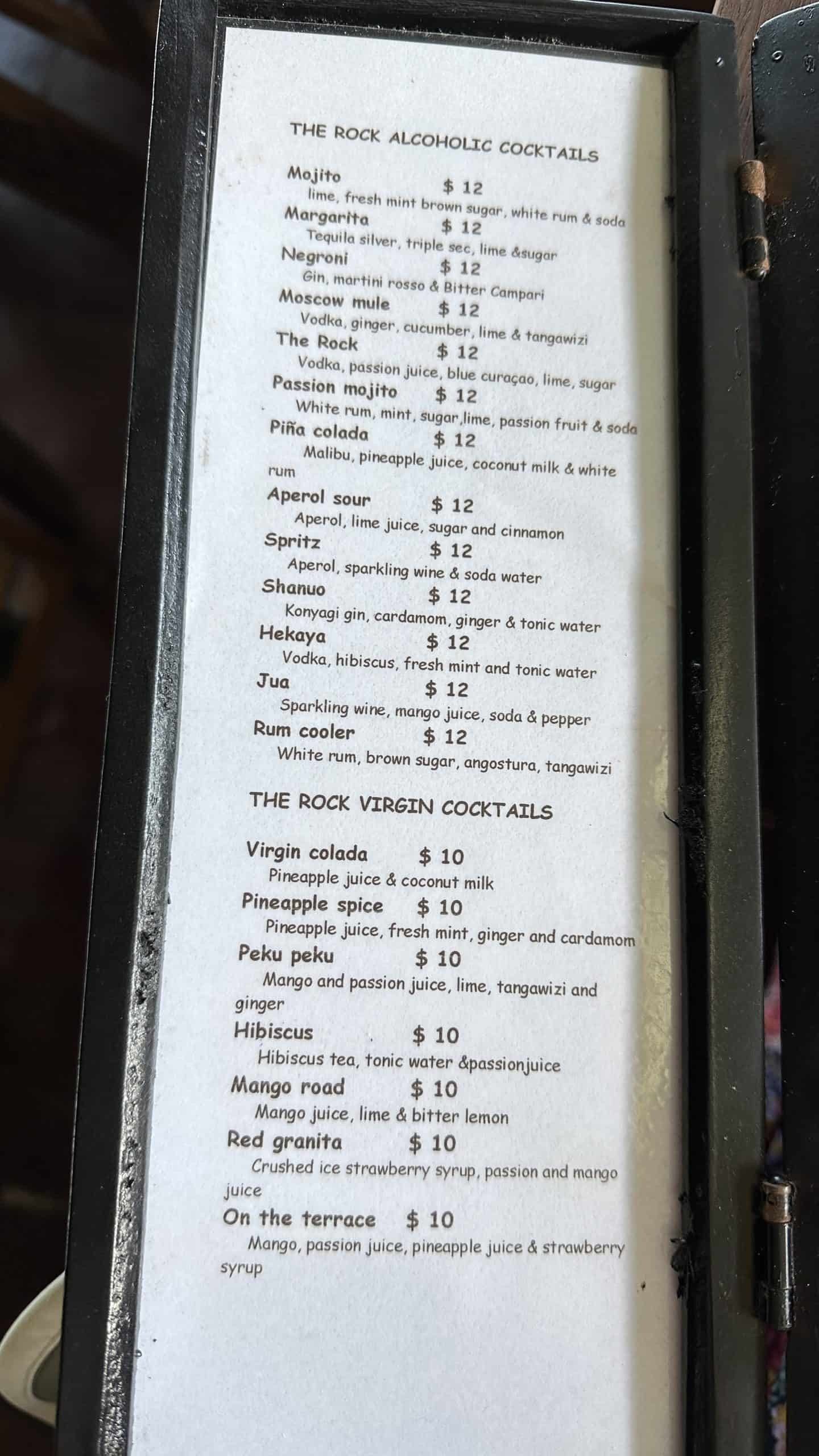 Cocktail menu at the Rock Restaurant Zanzibar