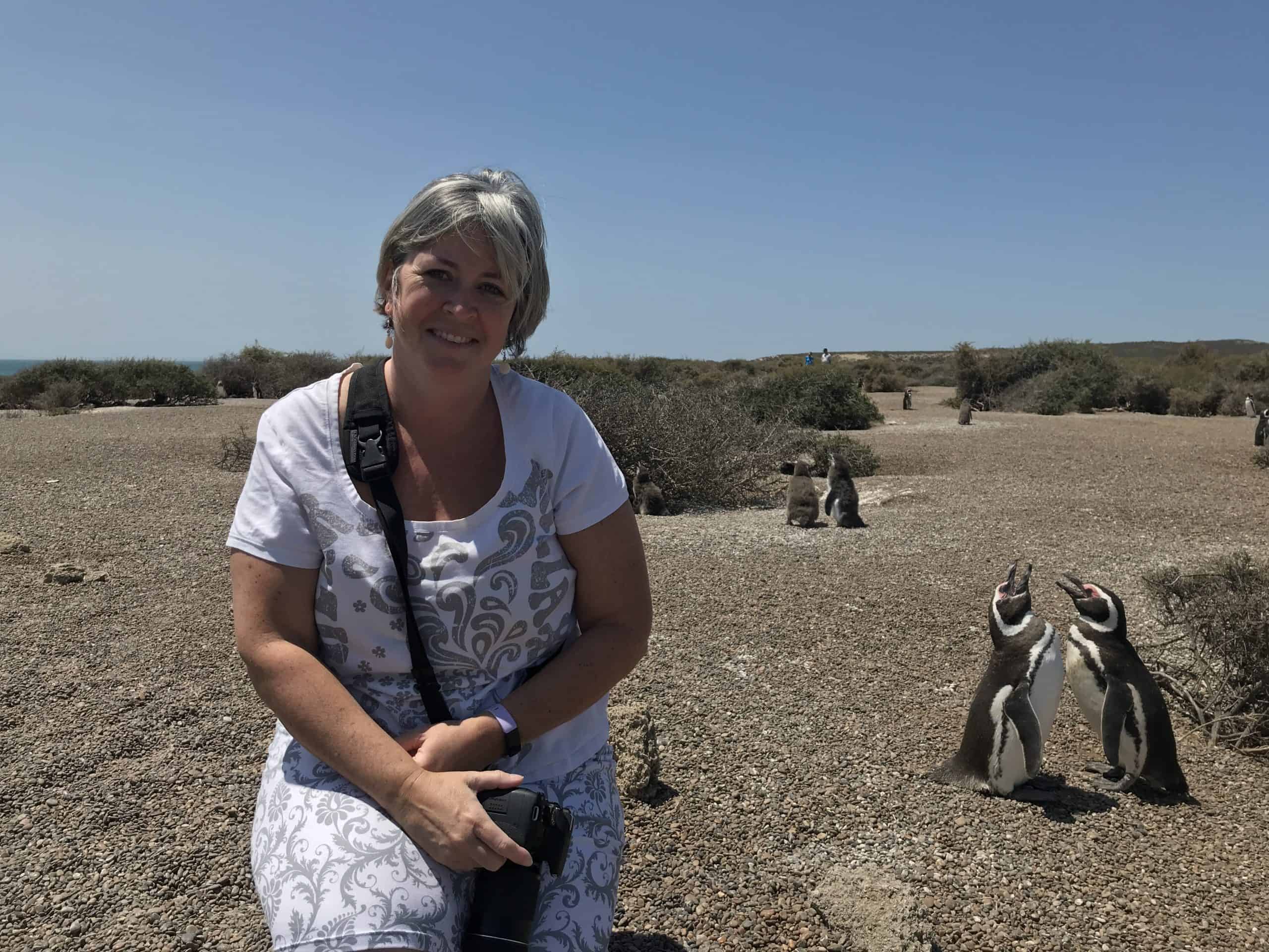 Kim with the penguins