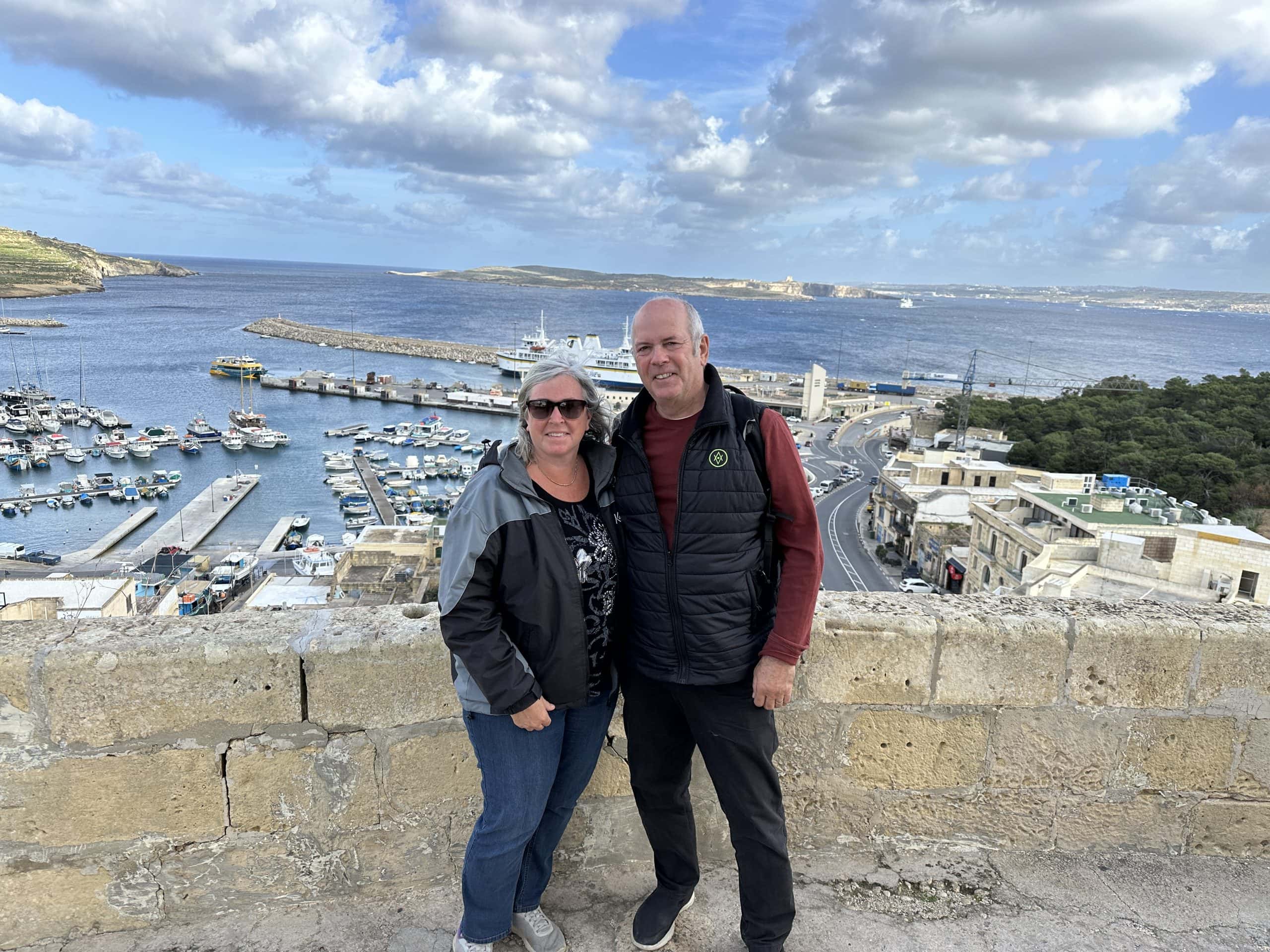Our photo in front of Mgarr Harbour