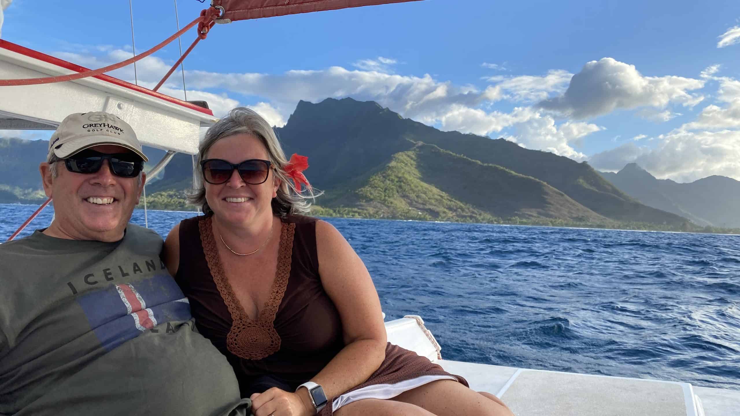 Our picture on a catamaran offshore of Moorea