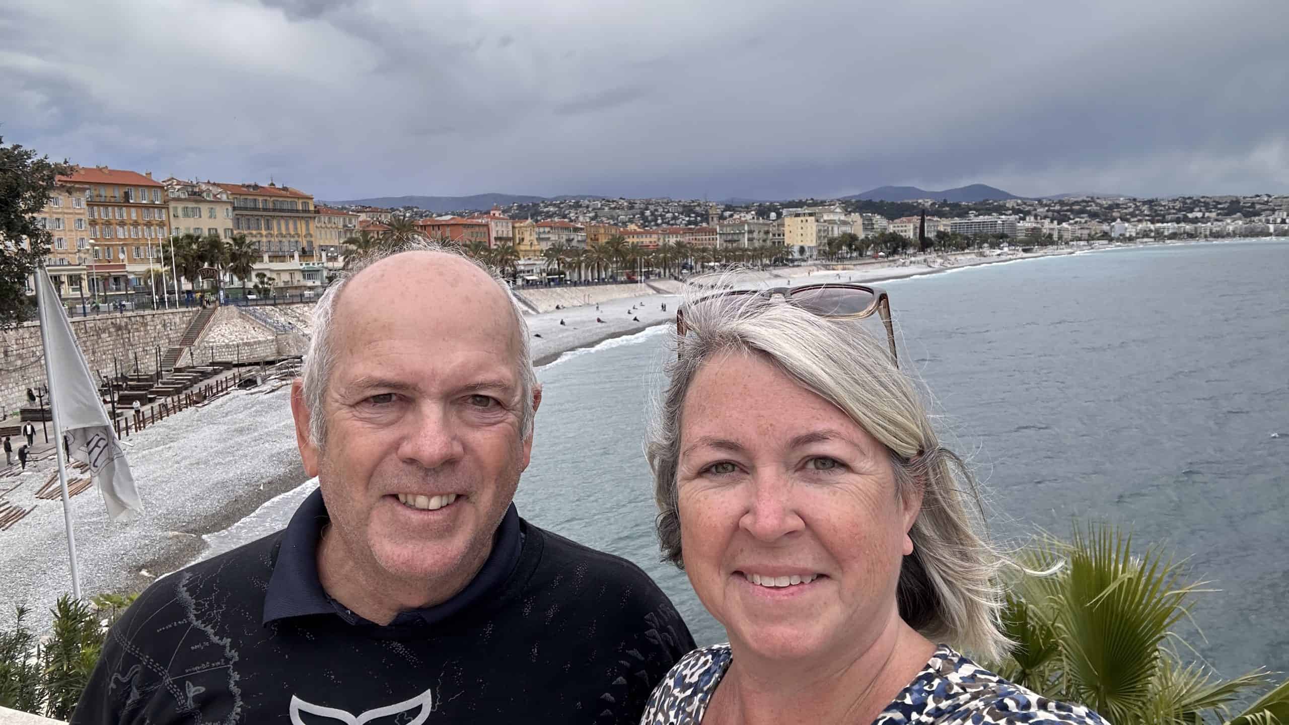 Our selfie with the Nice coast in the background