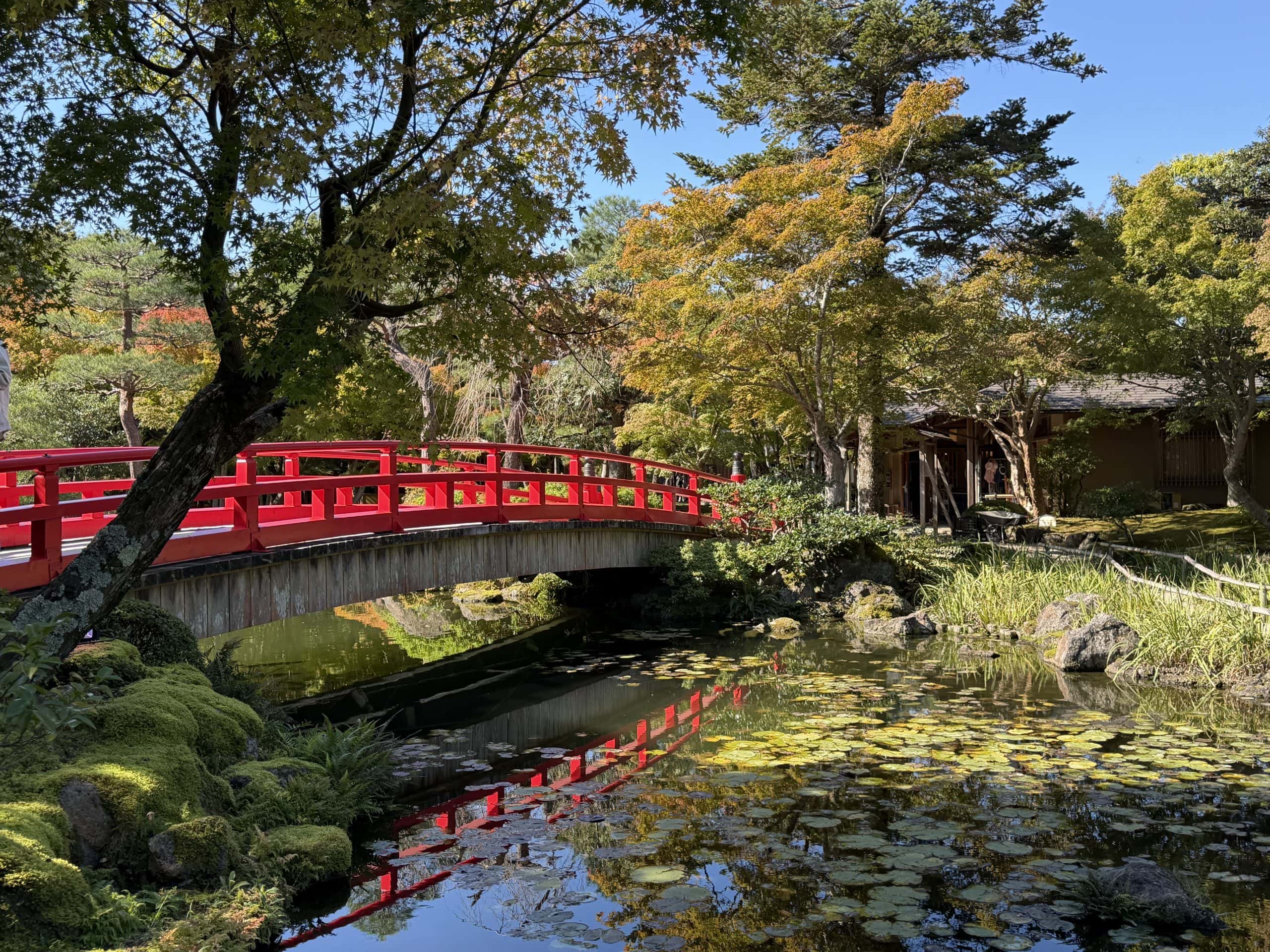 Red bridge in Yushien Garden