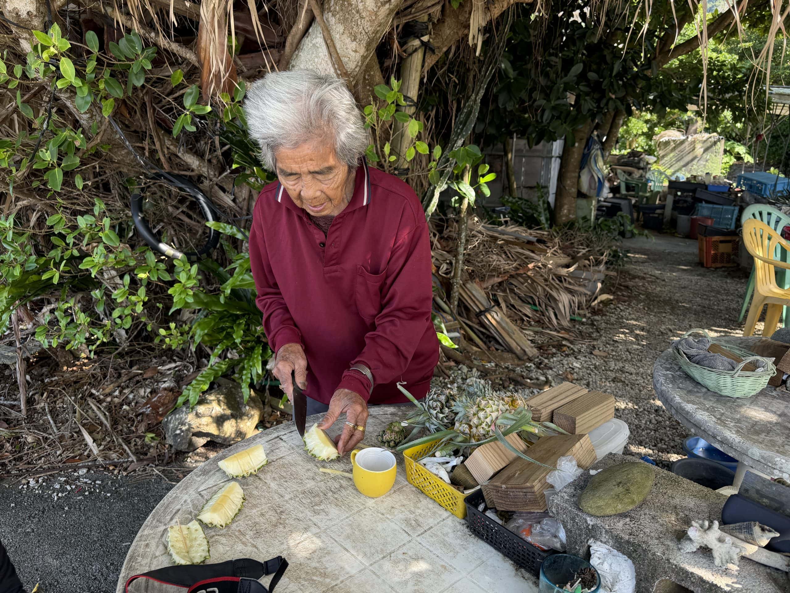 Pineapple farmer cutting us a snack