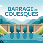 vue stylisée du barrage de couesques dans un paysage naturel vallonné
