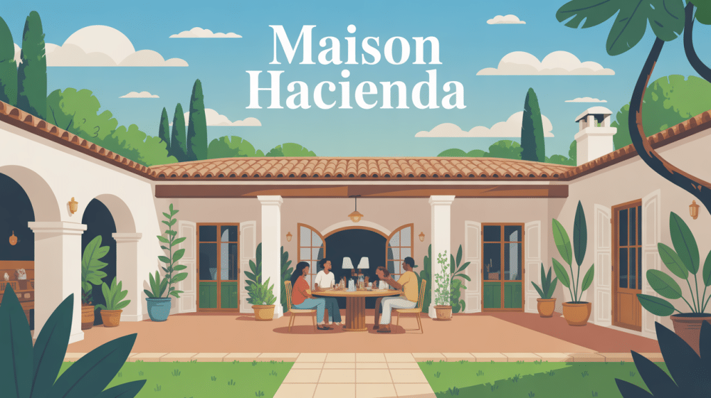 maison hacienda illustration patio lumineux