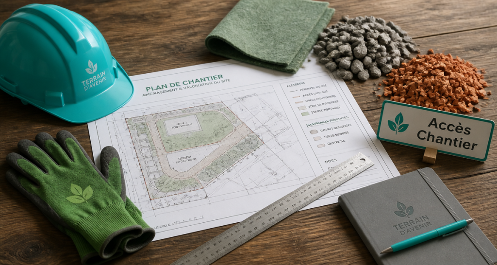 acces chantier plan et matériaux sur table