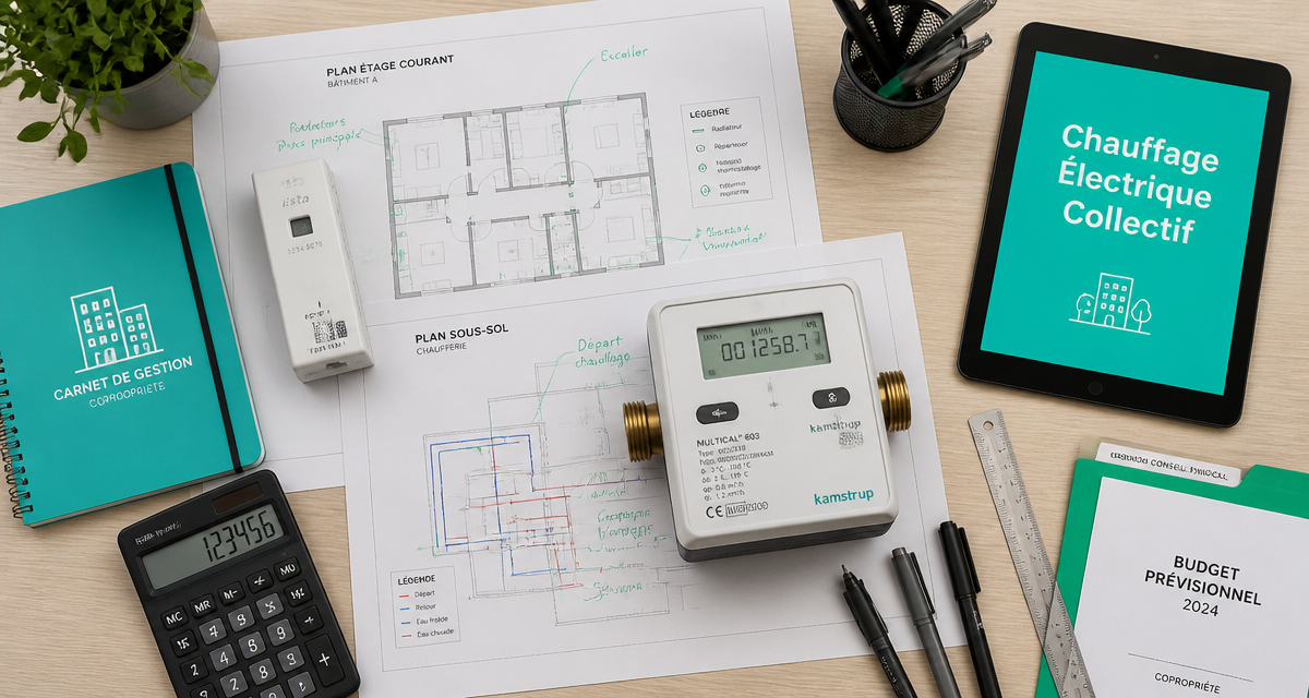 bureau avec plans et compteur chauffage électrique collectif