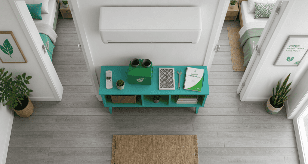 clim dans couloir pour refroidir les chambres, vue flat lay moderne