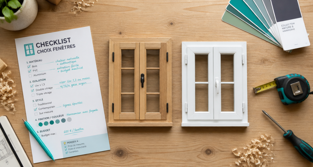 échantillons pvc ou bois pour les fenetres sur plan de travail