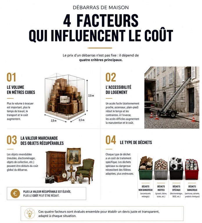 Infographie des facteurs influençant le prix d'un débarras maison : volume, accessibilité, valeur des biens et type de déchets.