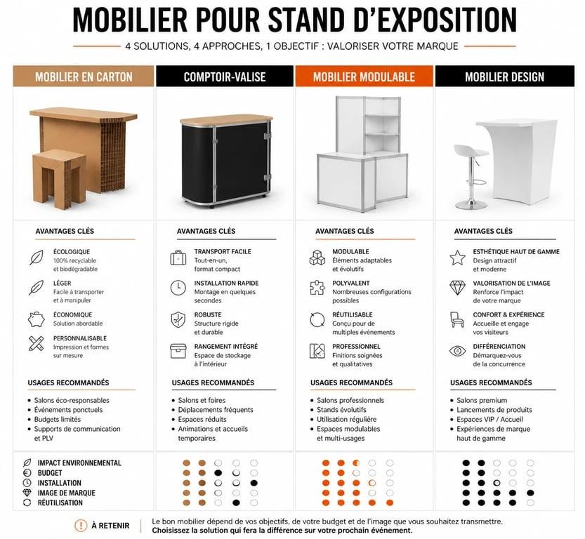 Comparatif des types de mobilier pour stand d'exposition : carton, modulaire et design
