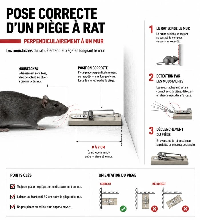 Schéma illustrant la pose correcte d'un piège à rat contre un mur pour une dératisation efficace
