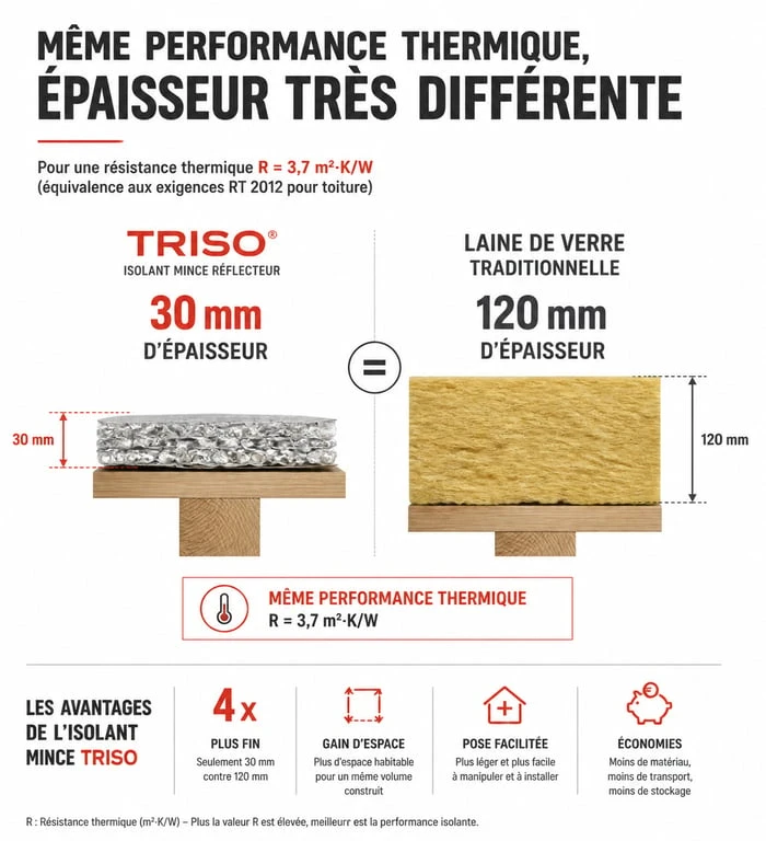 Comparatif épaisseur isolant mince Triso vs laine de verre