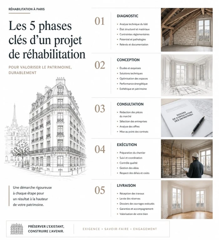Infographie des étapes de réhabilitation de bâtiments anciens à Paris