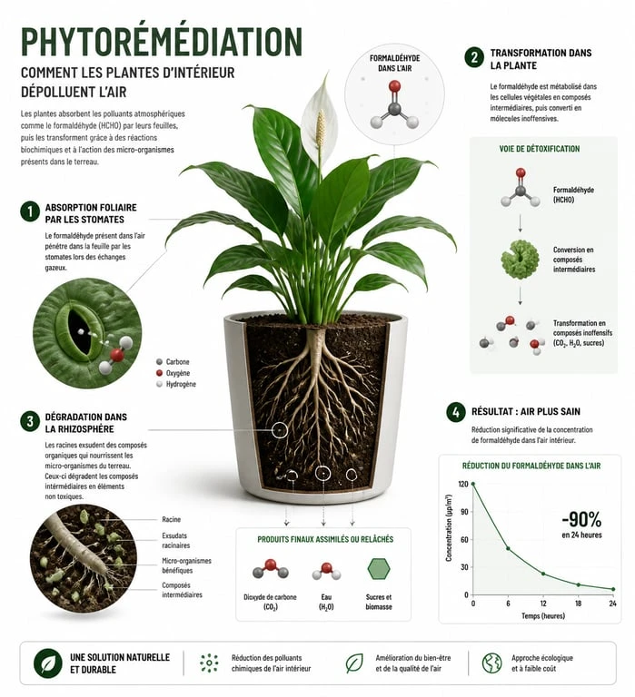 Schéma explicatif du fonctionnement des plantes d'intérieur dépolluantes et de la phytoremédiation