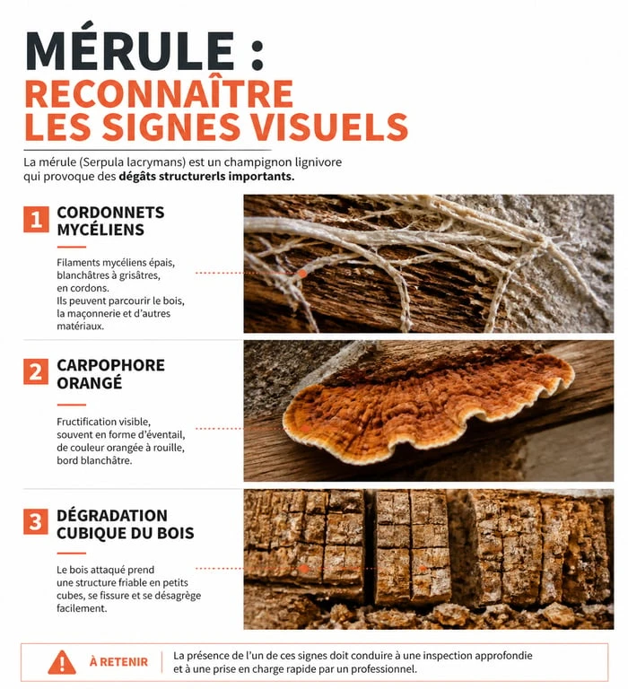 Signes visuels de la mérule : cordonnets, carpophore et bois dégradé